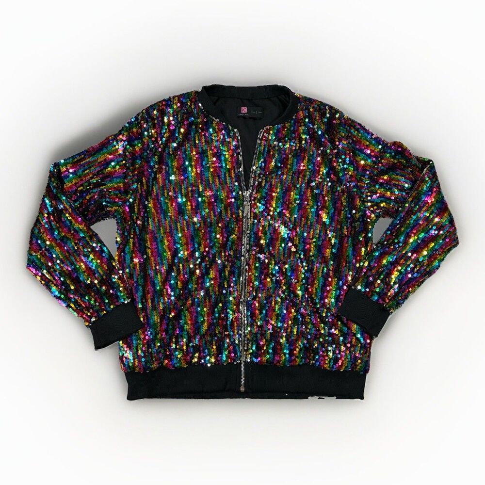 KANCY KOLE Womens Sequin Bomber Jacket Rainbow Zip Front Party Blazer Size Large